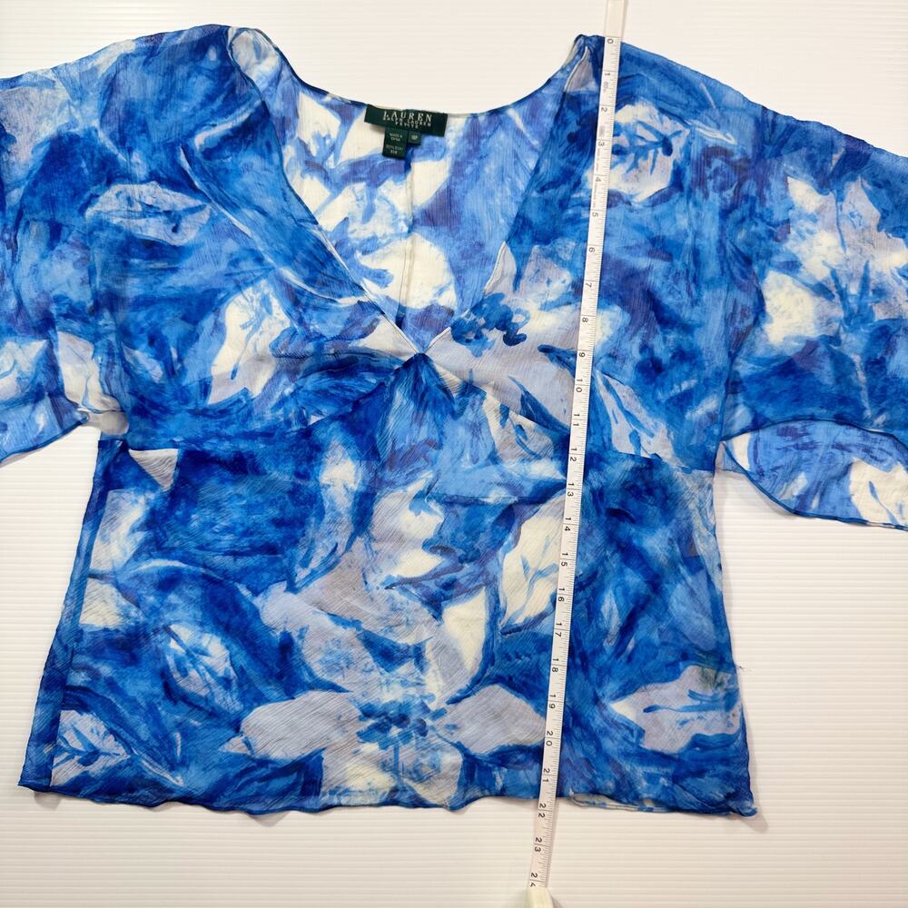 Lauren Ralph Lauren Silk Blue Floral Blouse Women's 10P Petite Coastal Cruise - Picture 9 of 16